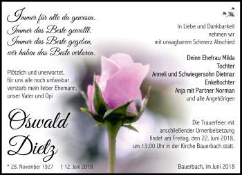 Traueranzeige von Oswald Dietz von Südthüringer Presse