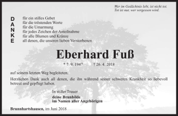 Traueranzeige von Eberhard Fuß von Südthüringer Presse