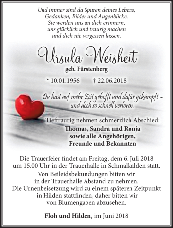 Traueranzeige von Ursula Weisheit von Südthüringer Presse