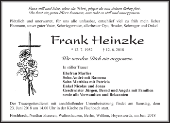 Traueranzeige von Frank Heinzke von Südthüringer Presse