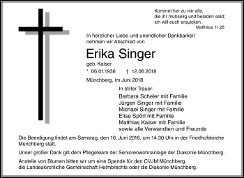 Traueranzeige von Erika Singer von Frankenpost