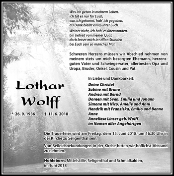 Traueranzeige von Lothar Wolff von Südthüringer Presse