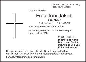 Traueranzeige von Toni Jakob von Frankenpost