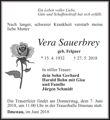 Traueranzeige von Vera Sauerbrey von Südthüringer Presse