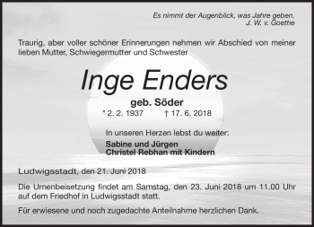 Traueranzeige von Inge Enders von Neue Presse Coburg