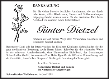 Traueranzeige von Günter Dietzel von Südthüringer Presse