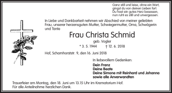 Traueranzeige von Christa Schmid von Frankenpost