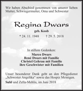 Traueranzeige von Regina Dwars von Südthüringer Presse