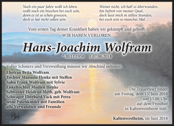Traueranzeige von Hans-Joachim Wolfram von Südthüringer Presse