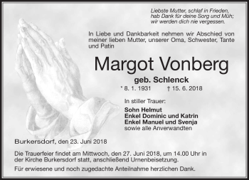 Traueranzeige von Margot Vonberg von Neue Presse Coburg