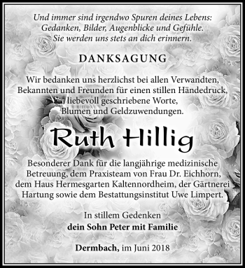 Traueranzeige von Ruth Hillig von Südthüringer Presse