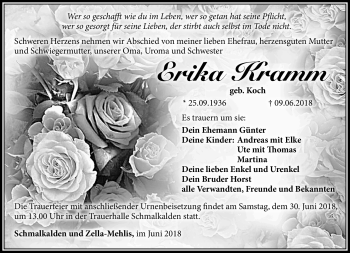 Traueranzeige von Erika Kramm von Südthüringer Presse