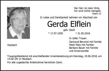 Traueranzeige von Gerda Elflein von Neue Presse Coburg