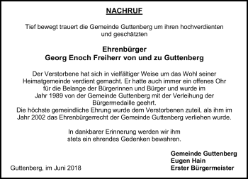 Traueranzeige von Georg Enoch von und zu Guttenberg von Frankenpost