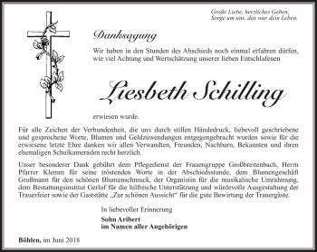 Traueranzeige von Liesbeth Schilling von Südthüringer Presse