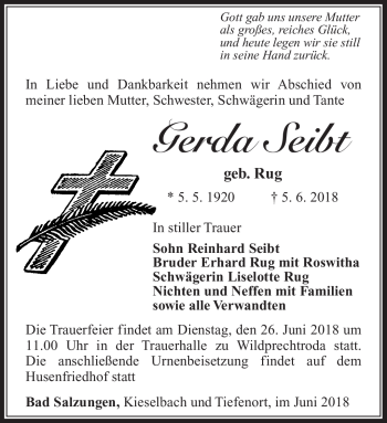 Traueranzeige von Gerda Seibt von Südthüringer Presse