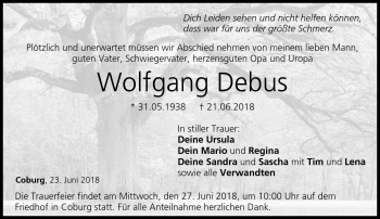 Traueranzeige von Wolfgang Debus von Neue Presse Coburg