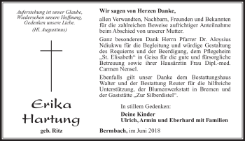 Traueranzeige von Erika Hartung von Südthüringer Presse