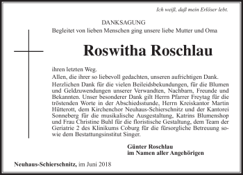 Traueranzeige von Roswitha Roschlau von Südthüringer Presse