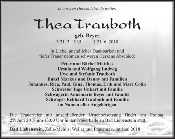 Traueranzeige von Thea Trauboth von Südthüringer Presse