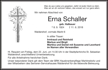 Traueranzeige von Erna Schaller von Frankenpost