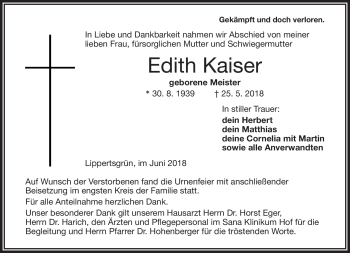 Traueranzeige von Edith Kaiser von Frankenpost