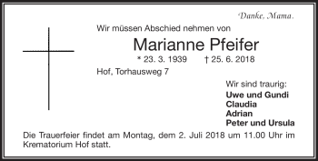 Traueranzeige von Marianne Pfeifer von Frankenpost