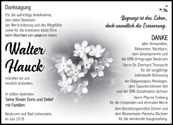 Traueranzeige von Walter Hauck von Südthüringer Presse