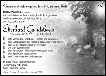 Traueranzeige von Eberhard Gundelwein von Südthüringer Presse
