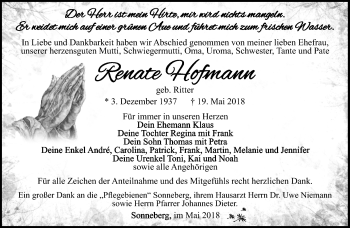Traueranzeige von Renate Hofmann von Südthüringer Presse