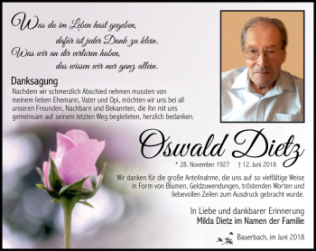Traueranzeige von Oswald Dietz von Südthüringer Presse
