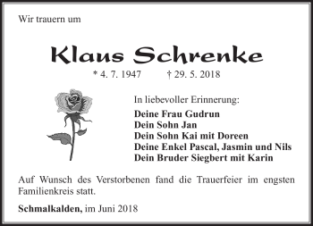 Traueranzeige von Klaus Schrenke von Südthüringer Presse