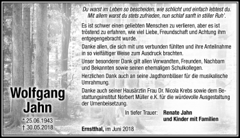 Traueranzeige von Wolfgang Jahn von Südthüringer Presse