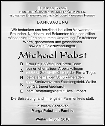 Traueranzeige von Michael Pabst von Südthüringer Presse