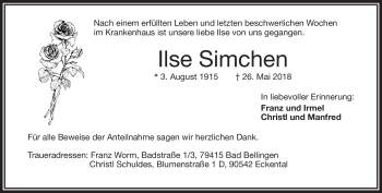 Traueranzeige von Ilse Simchen von Frankenpost