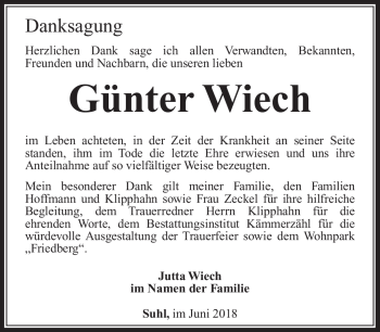 Traueranzeige von Günter Wich von Südthüringer Presse