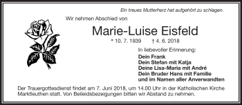 Traueranzeige von Marie-Luise Eisfeld von Frankenpost