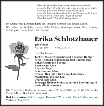 Traueranzeige von Erika Schlotzhauer von Südthüringer Presse