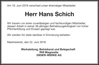 Traueranzeige von Hans Schich von Frankenpost