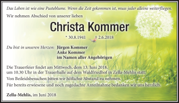 Traueranzeige von Christa Kommer von Südthüringer Presse