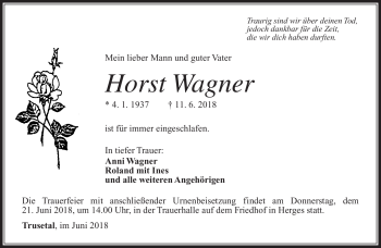 Traueranzeige von Horst Wagner von Südthüringer Presse
