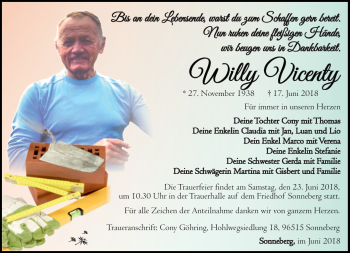 Traueranzeige von Willi Vicenty von Südthüringer Presse