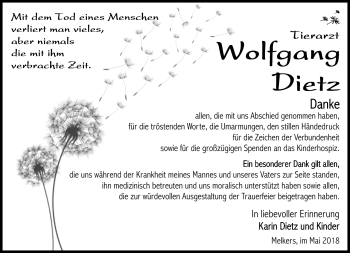 Traueranzeige von Wolfgang Dietz von Südthüringer Presse