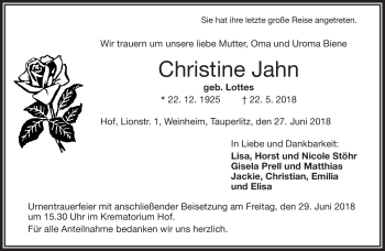 Traueranzeige von Christiane Jahn von Frankenpost
