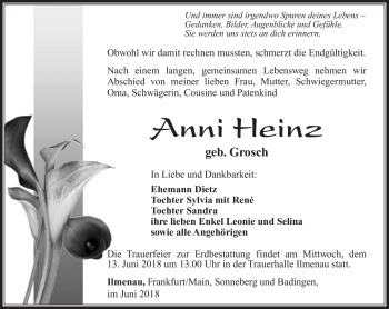 Traueranzeige von Anni Heinz von Südthüringer Presse