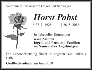 Traueranzeige von Horst Pabst von Südthüringer Presse
