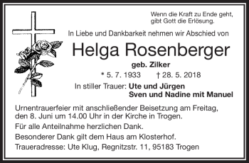 Traueranzeige von Helga Rosenberger von Frankenpost