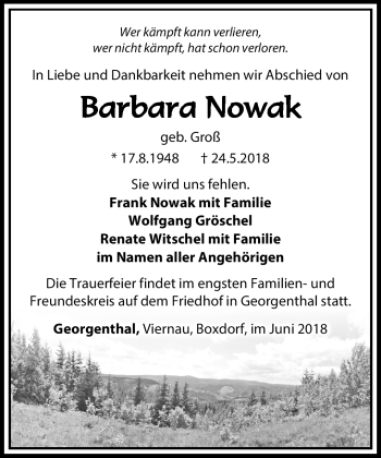 Traueranzeige von Barbara Nowak von Südthüringer Presse