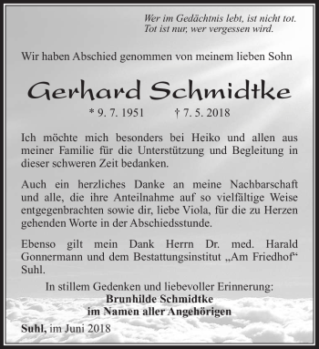 Traueranzeige von Gerhard Schmidtke von Südthüringer Presse