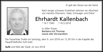 Traueranzeige von Ehrhard Kallenbach von Südthüringer Presse